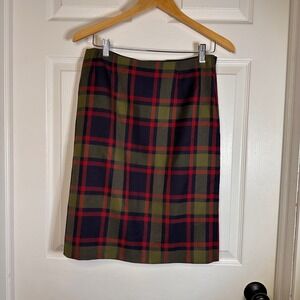 Blarney Woollen Mills Plaid Wool Pencil Skirt Green Navy Red Made in Ireland